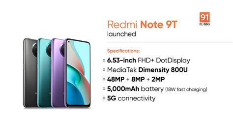 Redmi Note 9T launched with MediaTek Dimensity 800U SoC, 5,000mAh ...