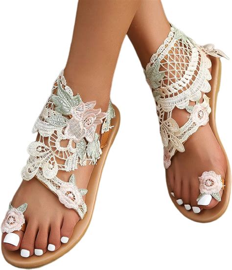 Damen Riemchen Flache Sandalen Böhmen Strandsandalen Elegante Lace