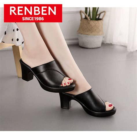 RENBEN Leather High Heels Women Thick Sole Sexy Outer Wear Thick Heel