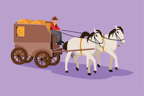 Graphic Flat Design Drawing Old Wild West Horse Drawn Carriage With