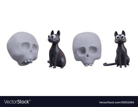 White Human Skull With Teeth Black Cat 3d Vector Image