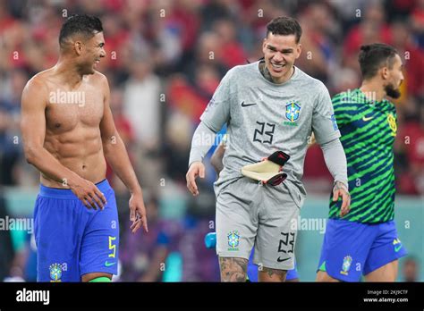 Brazils Casemiro Left Celebrates With Brazil Goalkeeper Ederson