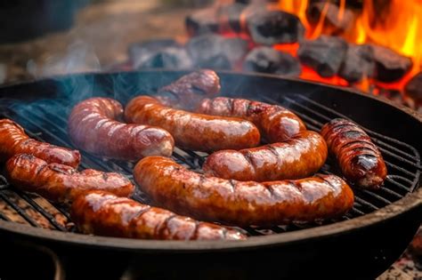 Premium Photo Appetitive Grilled Sausage On The Flaming Grill