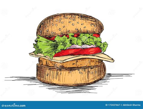 Fast Food Burger Detailed Sketch Vector Illustration Stock Vector