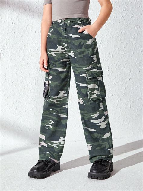 Tween Girl Camo Print Flap Pocket Side Cargo Jeans Shein Usa