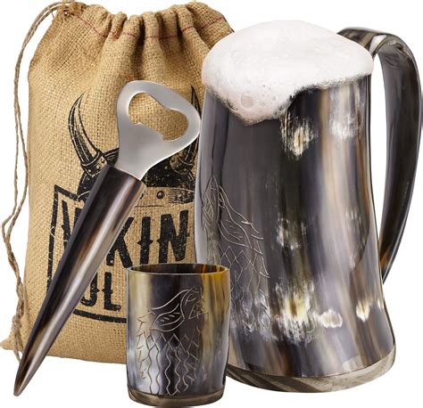 Amazon.com | Viking Culture Ox Horn Mug, Shot Glass, and Bottle Opener (3 Pc Set) Authentic 16 ...