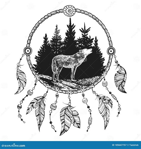 Wolf In The Indian Roach. Indian Feather Headdress Of Eagle. Hand Draw ...