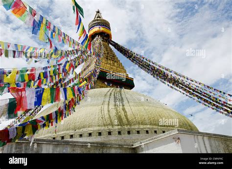 Five color prayer flags with mantras at Bodnath Stupa. Swayambhunath ...