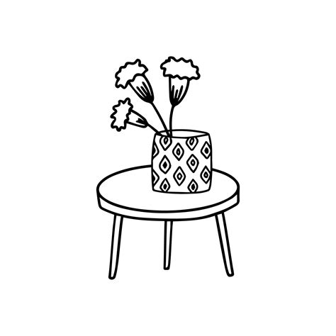 Flowers In A Vase On The Table Doodle Hand Drawn Outline Icon Or Symbol