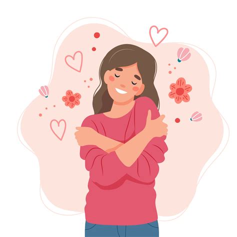 Love Yourself Concept Woman Hugging Herself Vector Illustration In