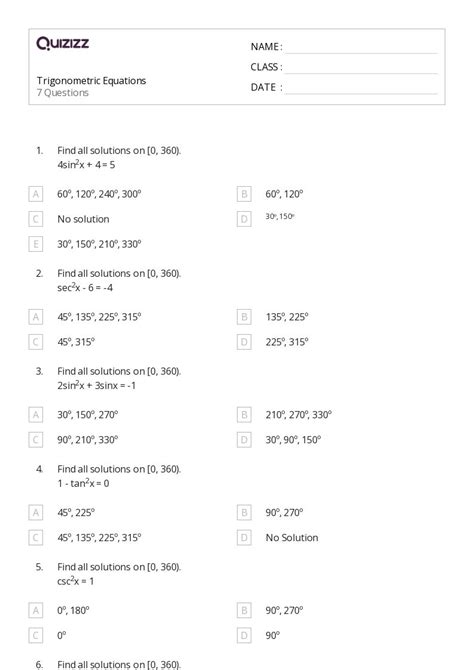 Trigonometry Worksheets For Th Grade On Quizizz Free Printable