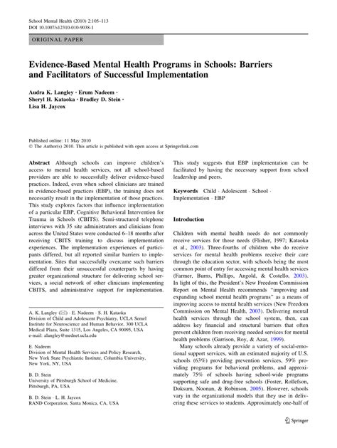 Pdf Evidence Based Mental Health Programs In Schools Barriers And