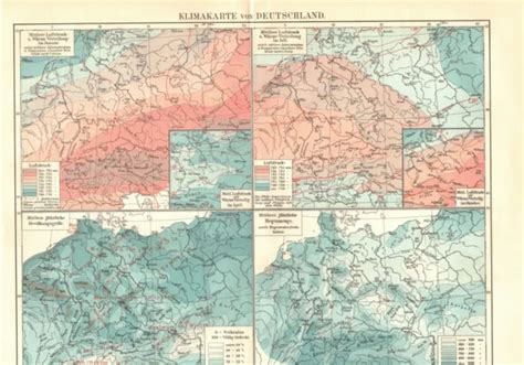 KLIMAKARTE DEUTSCHLAND ALTE Historische Landkarte Lithographie Um