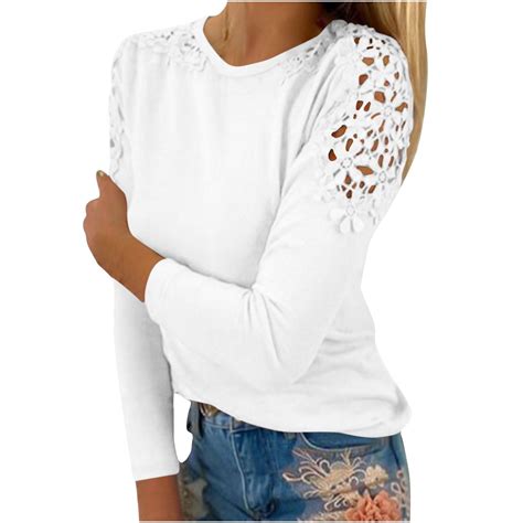 Women S Long Sleeve Tops Crewneck Lace Hollow Out Trendy Blouse Solid