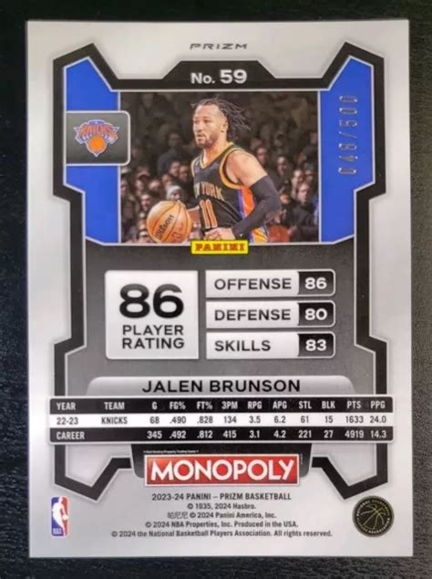 Panini Prizm Monopoly Jalen Brunson Gold Millionaire