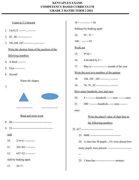 Grade Mathematics Activities End Of Term Examination