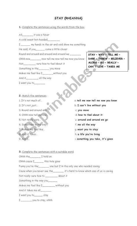 Stay By Rhianna Esl Worksheet By Pamela Sanchez