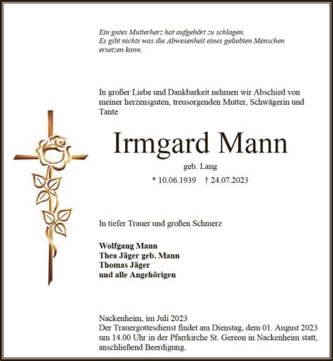 Traueranzeigen Von Irmgard Mann Vrm Trauer De