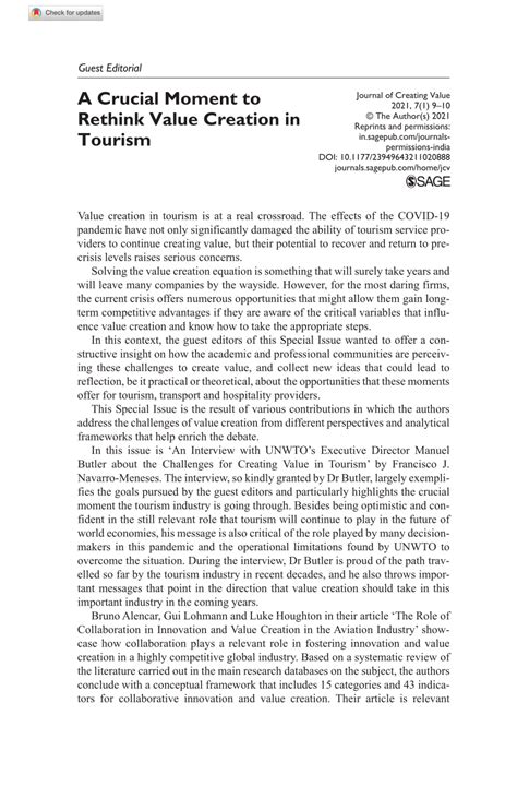 Pdf A Crucial Moment To Rethink Value Creation In Tourism