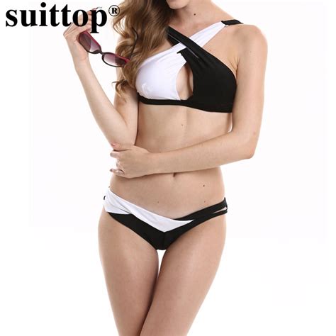 Suittop Swimwear Sexy Black White Crisscross Women Bikini Set Swimsuit