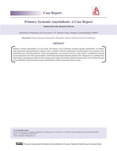 Pdf Case Report Primary Systemic Amyloidosis A Case Reportamyloidosis Confined To The Skin Is