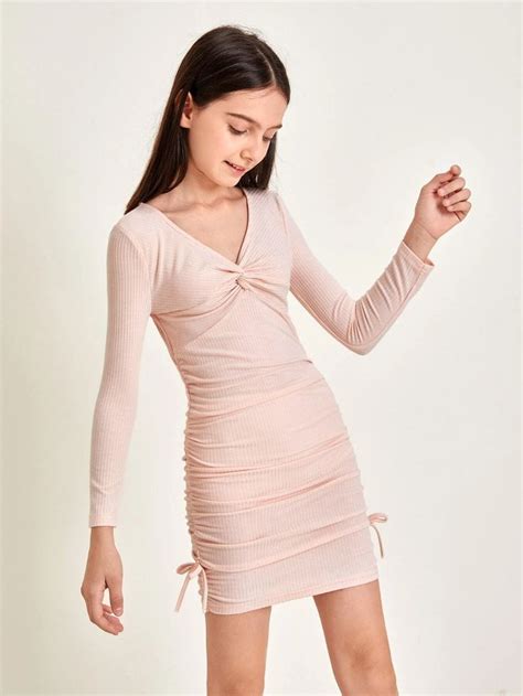 Girls Twist Front Knotted Side Ruched Rib Knit Dress SHEIN USA