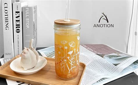 Anotion Floral Coffee Cups Mason Jars With Lids And Straws Glass Cups