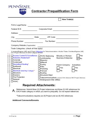 Fillable Online Contractor Prequalification Form Opp Psu Edu Penn