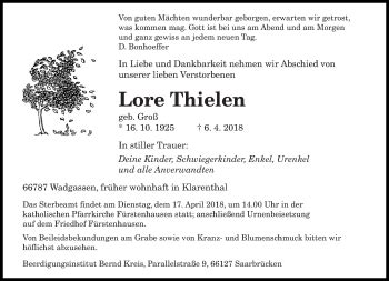 Traueranzeigen Von Lore Thielen Saarbruecker Zeitung Trauer De