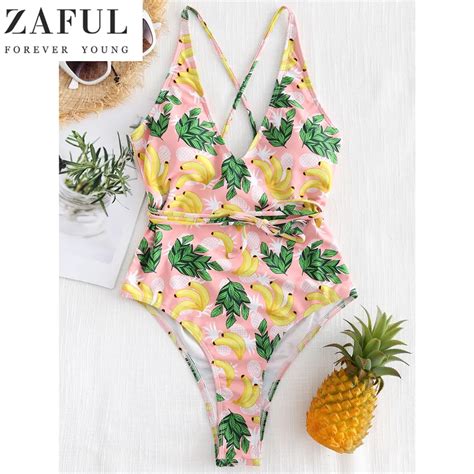 Buy Zaful Tropical Self Tie One Piece Swimsuit Cross