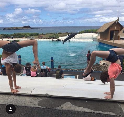 Two People Doing Handstands In Front Of A Pool With Water And Seagulls