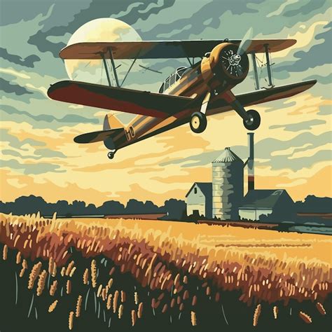 An Old Airplane Flying Over A Field With A Barn In The Background