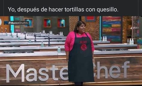 A Woman In An Apron Standing Next To A Sign That Says Master Chef On It