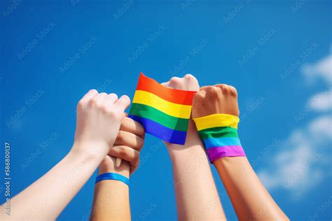 Hands Holding A Rainbow Flag Lgbtq Pride Month Generative Ai Stock