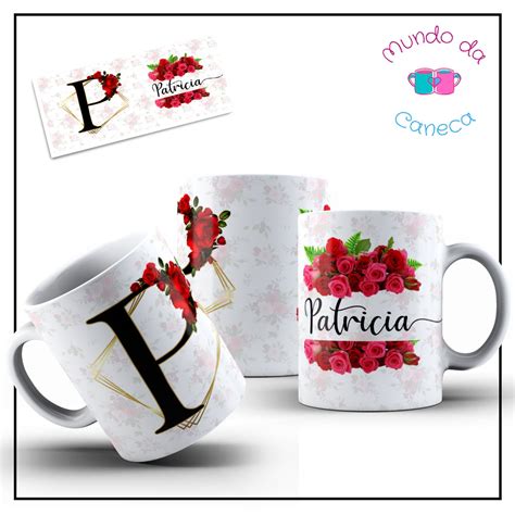 Caneca Personalizada Inicial E Seu Nome Fundo Floral De Porcelana