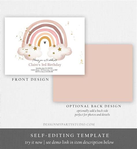 Editable Rainbow Birthday Invitation Boho Rainbow Invite Pastel St