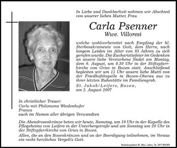 Traueranzeigen Von Carla Villoresi Trauer Bz