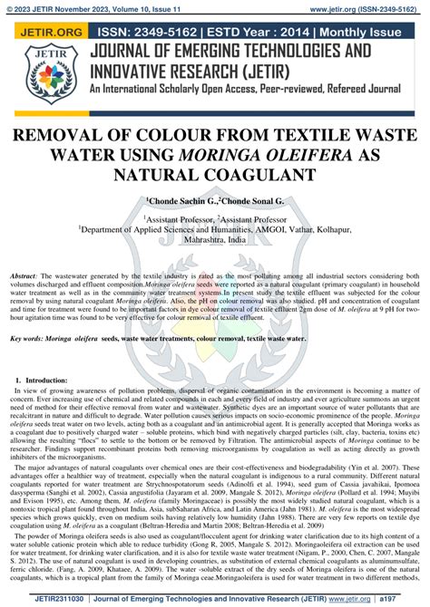 PDF REMOVAL OF COLOUR FROM TEXTILE WASTE WATER USING MORINGA OLEIFERA