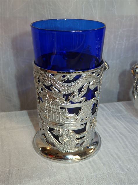 Pair Of Podstakannik Cobalt Blue Glass And Chrome Art Deco Naked Nude