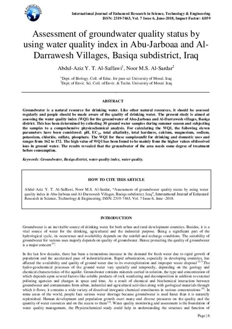 Pdf Assessment Of Groundwater Quality Status By Using Water Quality