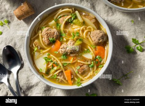 Homemade Sopa A La Minuta Meatball Soup With Potatoes And Noodles Stock