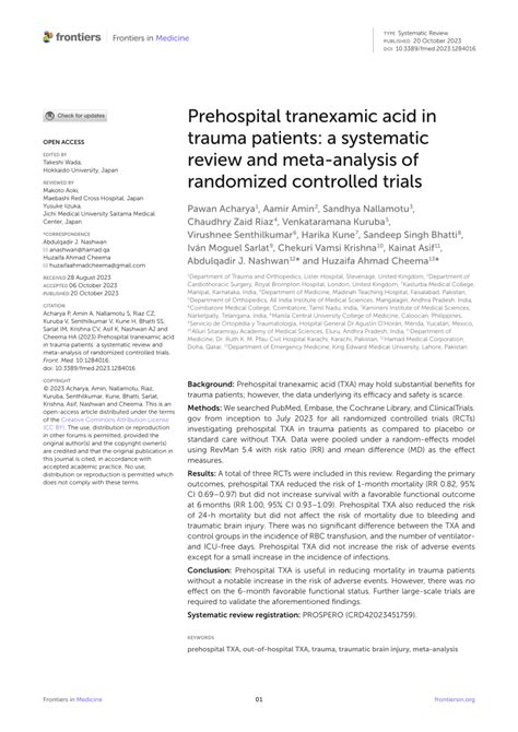 Pdf Prehospital Tranexamic Acid In Trauma Patients A Systematic