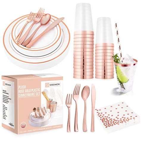 Sirsimon Piece Disposable Rose Gold Plastic Dinnerware Set