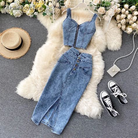 2021 Fashion New Women Denim 2 Piece Set Sexy Sleeveless Jeans Vestskirts Sets Straps Tops