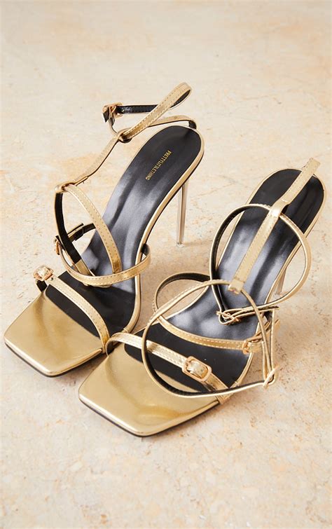 Gold Square Toe Multi Strap Heeled Sandals Prettylittlething