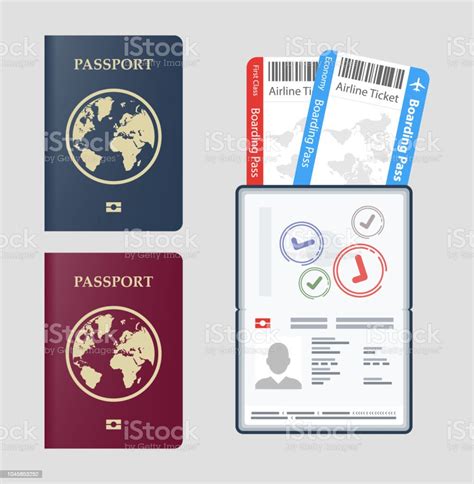 Set Vector Passport With Tickets Air Travel Concept Flat Design Citizenship Id For Traveler