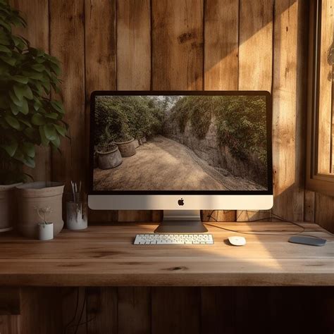 Instalación acogedora de la oficina en casa con un imac en un