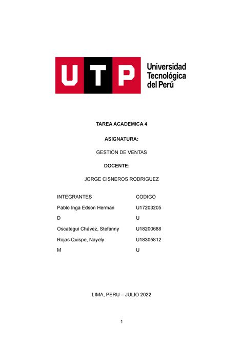 Ta4 Gestion De Ventas Tarea Academica 4 Asignatura GestiÓn De Ventas Docente Jorge Cisneros