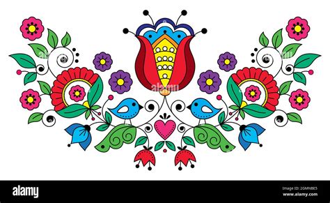 Scandianvian Traditional Folk Art Vector Design With Flowers Leaves Heart And Bird Floral