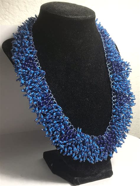 114 Glass Seed Beads Bib Choker Handmade Necklace 10 Blue Beaded Toggle Lock Etsy